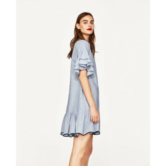 Zara | White/Sky Blue Striped Dress with Frilled Sleeves - Picture 6 of 6